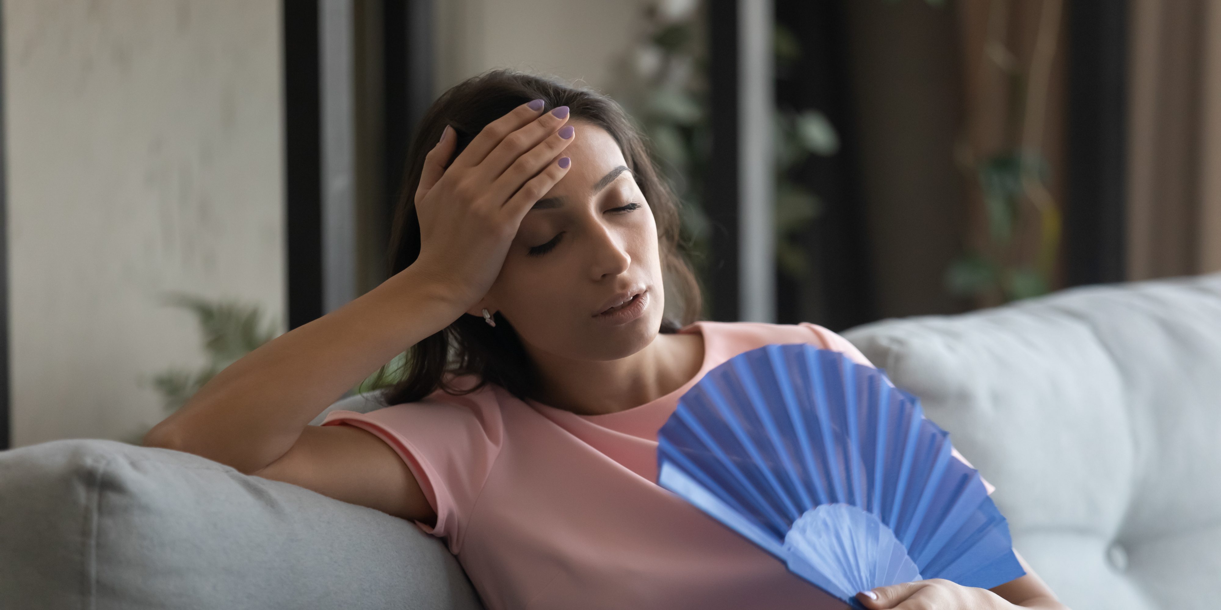 Too,Hot.,Exhausted,Female,Suffer,From,Heat,In,Modern