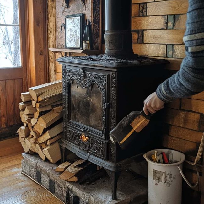 a real person working to clean a wood stove inside of a house, the wood stove has an organized stack of wood next to it and the person working to clean it is holding cleaning supplies