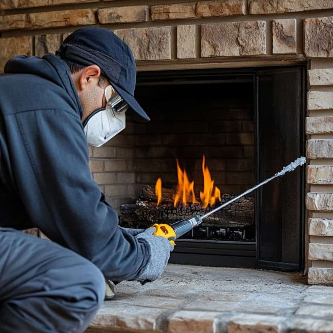 a professional conducting a chimney cleaning with a gas fireplace inside a home