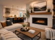 Modern open-concept living room with a contemporary gas fireplace, warm neutral décor, and stylish interior design inspiration for Ottawa homeowners.