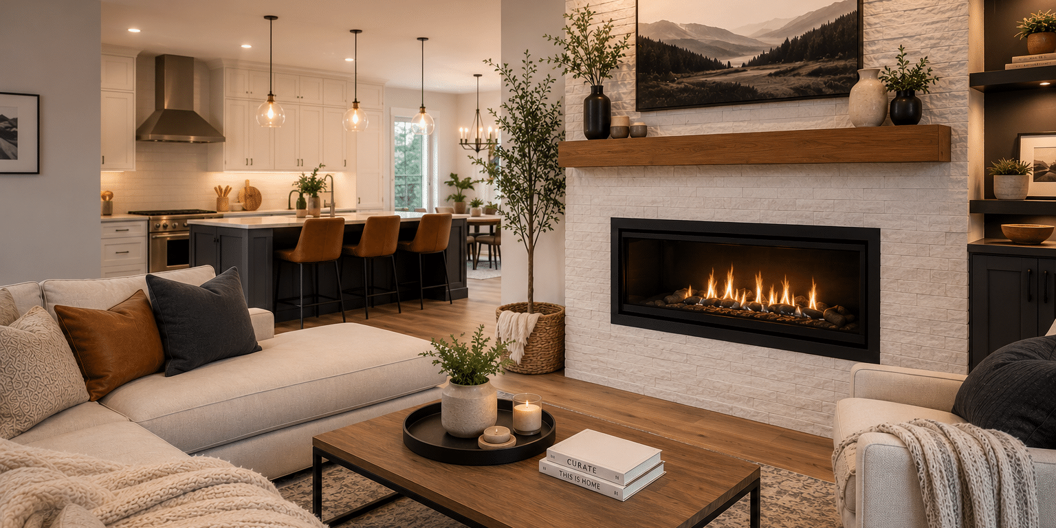 Top Hat Blog Feature Image Modern open-concept living room with a contemporary gas fireplace, warm neutral décor, and stylish interior design inspiration for Ottawa homeowners.
