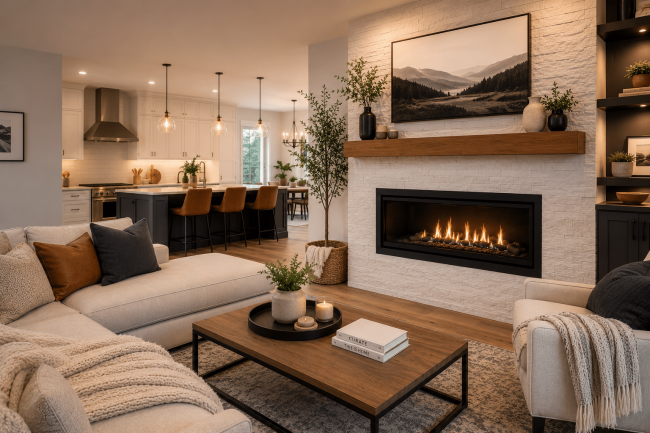 Top Hat Blog Feature Image Modern open-concept living room with a contemporary gas fireplace, warm neutral décor, and stylish interior design inspiration for Ottawa homeowners.