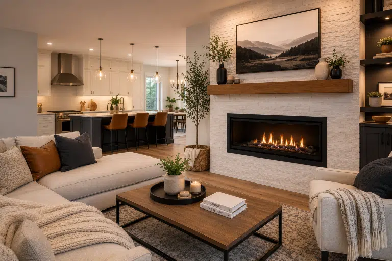 Top Hat Blog Feature Image Modern open-concept living room with a contemporary gas fireplace, warm neutral décor, and stylish interior design inspiration for Ottawa homeowners.