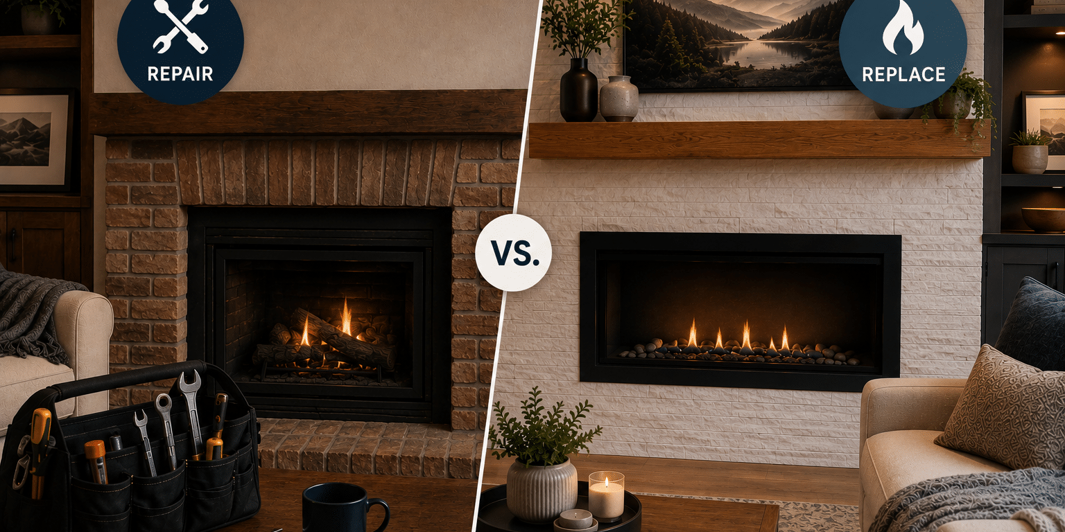Modern and traditional gas fireplaces shown side by side comparing fireplace repair versus replacement in an Ottawa home.