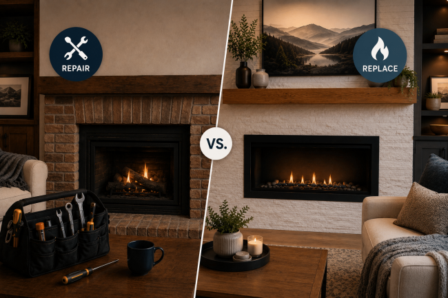 Repair or Replace Blog Feature Modern and traditional gas fireplaces shown side by side comparing fireplace repair versus replacement in an Ottawa home.