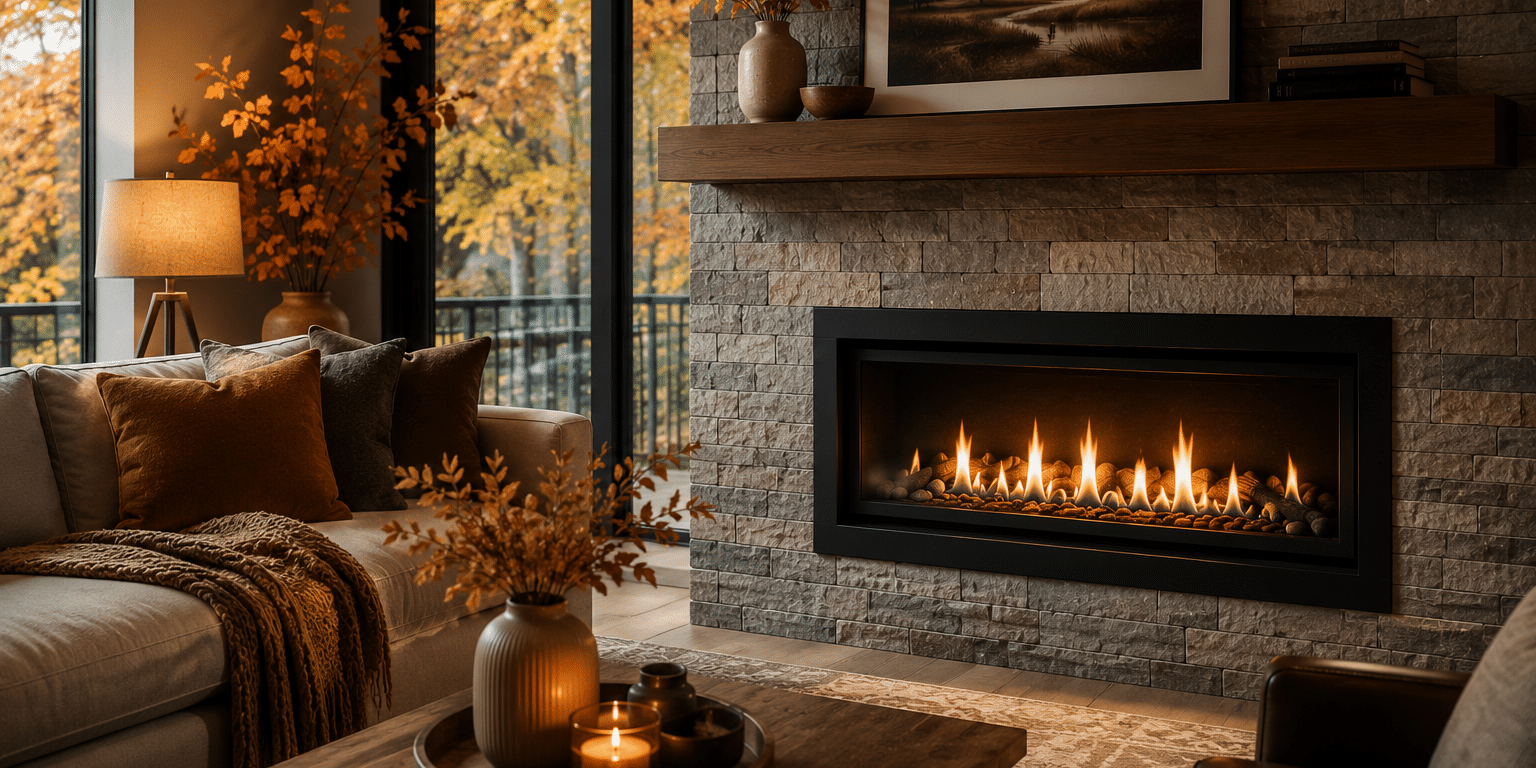 Top Hat Feature A beautifully arranged, warm and cozy living room featuring a new gas stove that compliments the layout and makes the space complete.