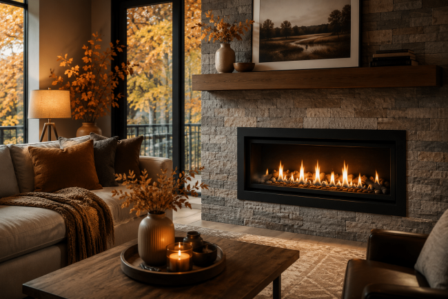 Top Hat Feature A beautifully arranged, warm and cozy living room featuring a new gas stove that compliments the layout and makes the space complete.