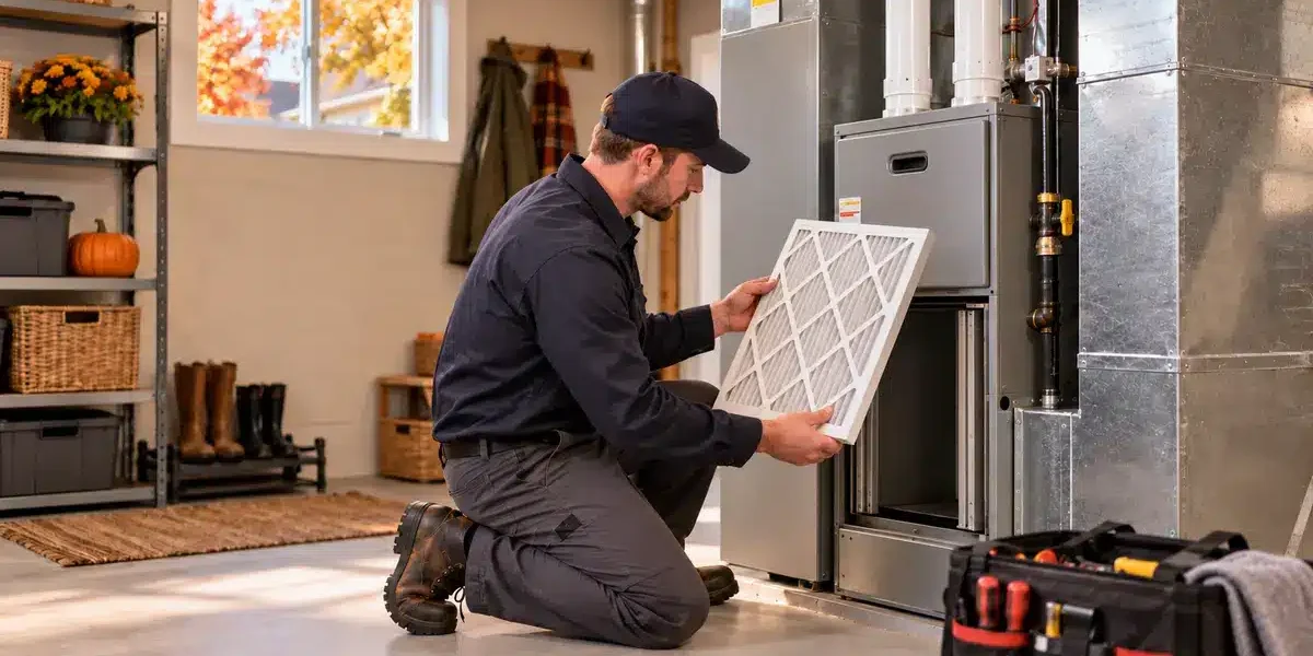 An HVAC technician kneels, holding a clean furnace filter, preparing to install it into a grey furnace unit, a key step in fall furnace maintenance.