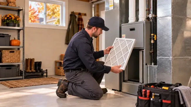 Fall Furnace Maintenance Filter Change An HVAC technician kneels, holding a clean furnace filter, preparing to install it into a grey furnace unit, a key step in fall furnace maintenance.
